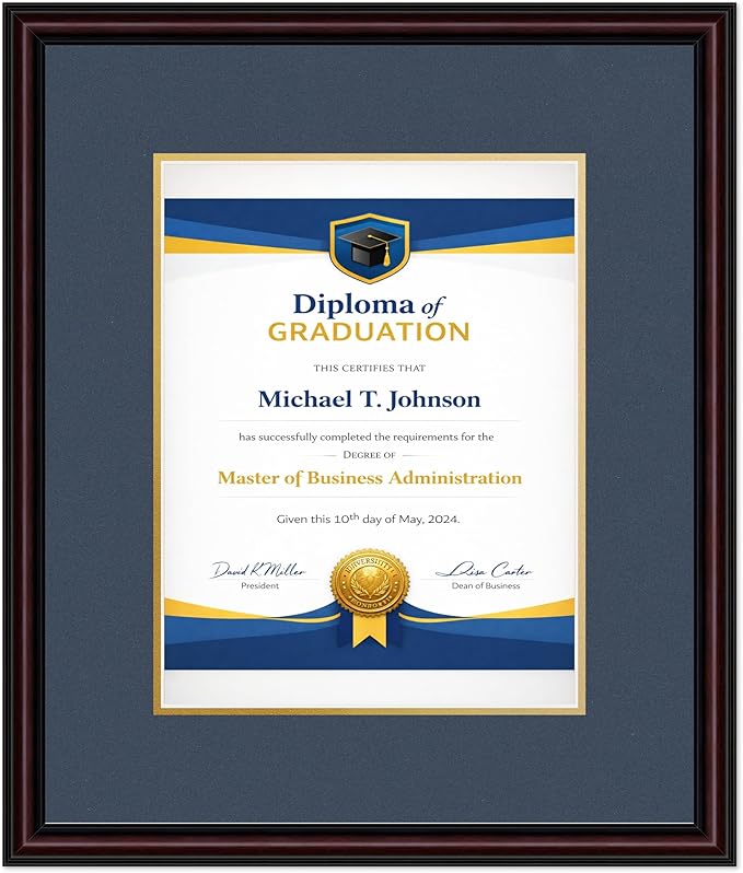Diploma Frame Executive Brown with Navy Blue Over Gold Double Mat - Fits 10 x 13 College Diploma (Portrait Traditional) Wall Display Made in the USA
