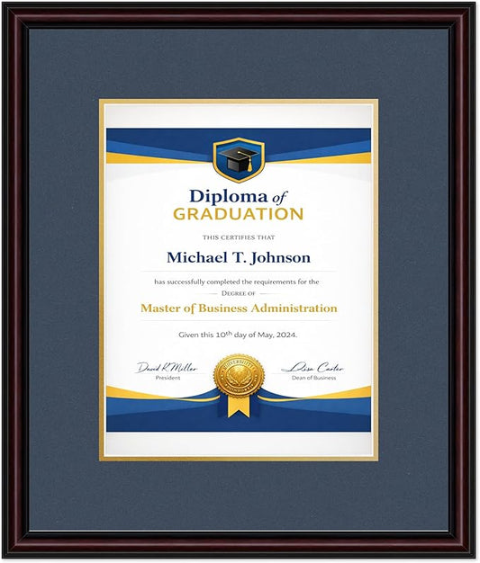 Diploma Frame Executive Brown with Navy Blue Over Gold Double Mat - Fits 10 x 13 College Diploma (Portrait Traditional) Wall Display Made in the USA