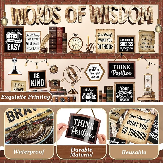 57 Pcs Industrial Chic Bulletin Board Set Inspirational Rustic Classroom Decoration Farmhouse Bulb Typewriter Brick Cutout for School Office Chalkboard Door Wall Decor