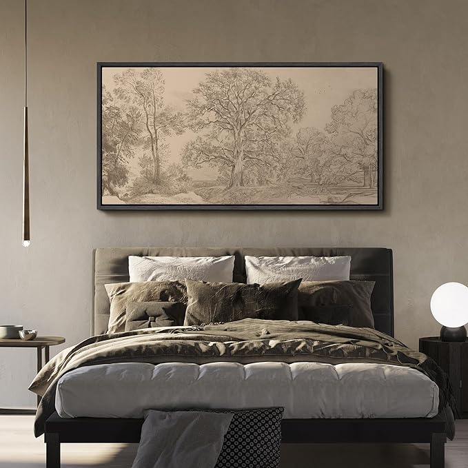 SIGNFORD Extra Large Framed Canvas Vintage Tree Line Pencil Drawing Classic Illustrations Modern Art Calm Warm for Living Room, Bedroom, Office - 60"x30"