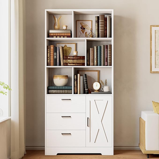 IRONCK Book Shelf with Doors and 3 Drawers 6-Tier Tall Bookcase 70.9 Inch with Storage Modern Bookshelf with 6 Open Cubes for Home Office, Living Room