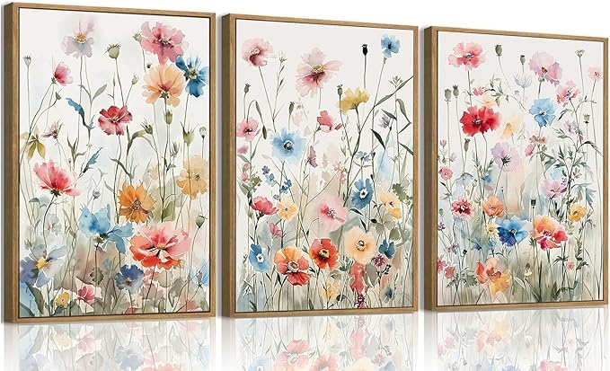 KISSFOX Colorful Wildflower Canvas Wall Art Set Of 3 Flowers Pictures Prints Flowers Printing Floral Watercolors Flower wall Decor Living Room Girls Bedroom Bathroom (Grey Blue, 12"x16" Natural Framed, Framed)