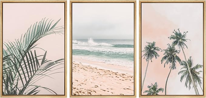 SIGNWIN Framed Canvas Print Wall Art Set Tropical Palm Leaf Beach Ocean Shore Landscape Nature Wilderness Modern Art Realism Decorative for Living Room, Bedroom, Office - 16"x24"x3 Natural