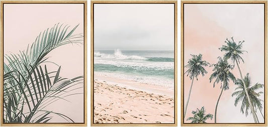 SIGNWIN Framed Canvas Print Wall Art Set Tropical Palm Leaf Beach Ocean Shore Landscape Nature Wilderness Modern Art Realism Decorative for Living Room, Bedroom, Office - 16"x24"x3 Natural