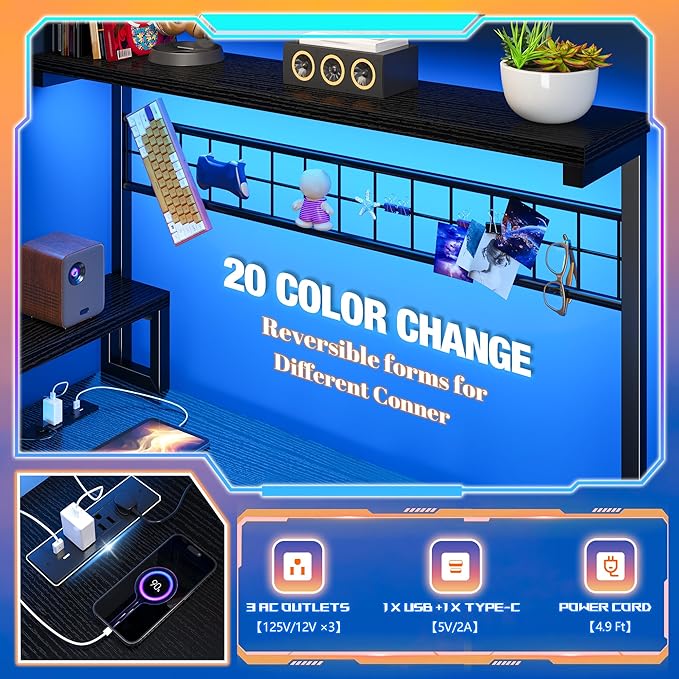 EnHomee 56" Medium L Shaped Gaming Desk with LED & Power Outlets,Computer Desk with Monitor Stand & Print Stand for Home Office,Reversible Corner Gaming Table with Storage Shelf & Hooks,Black