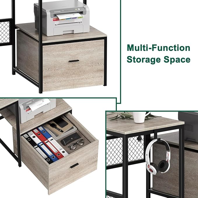 L Shaped Desk with Drawers, 66" Home Office Desk with Power Outlet and Led Strip, Computer Desk with Storage Shelves & Monitor Stand, Large Corner Desk Gaming Desk, Grey