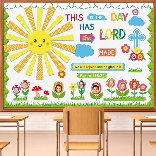 HIQINLUG Religious Christian Classroom Bulletin Board Set with Lord Spring Theme Elements for Sunday School Bible Classroom Wall Decor