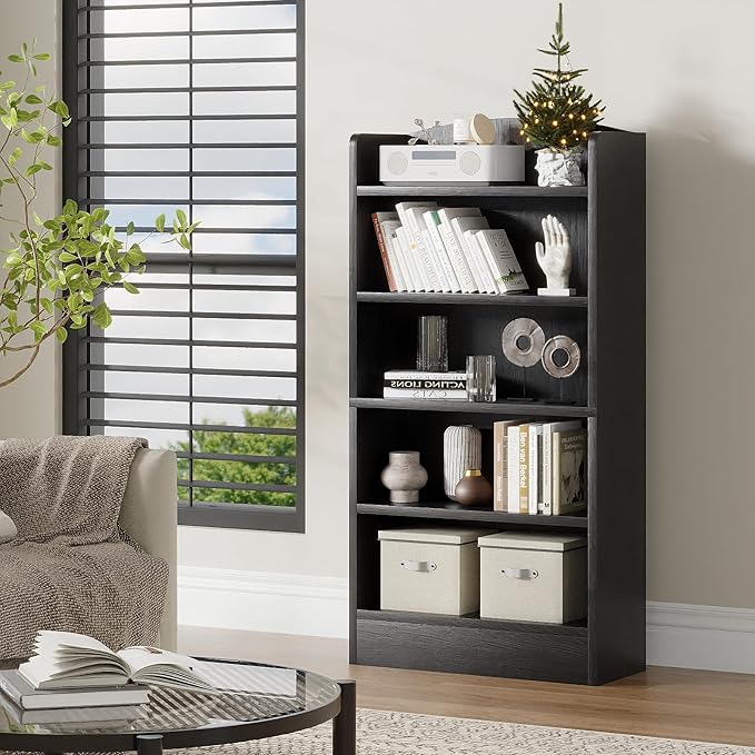 5-Shelf Multi-Functional Modern Wood Bookcase with Curved Design, Dust-Proof Baffle, and Sturdy Construction for Home Office, Black