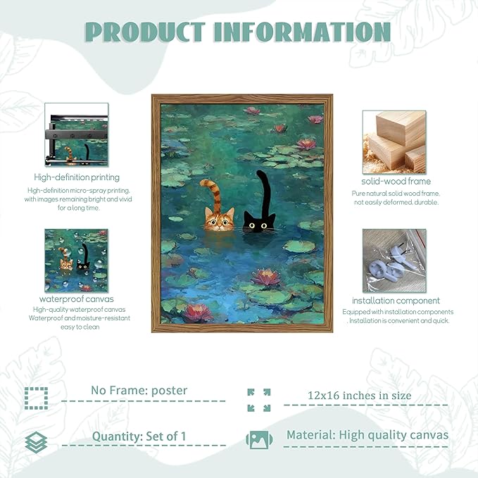 Framed Cat Wall Art, Vintage Whimsical Claude Monet Canvas Wall Decor Painting, Cute Funny Water Lilies Cat Poster Print Picture for Living Room Bedroom Bathroom 16x24 Inch