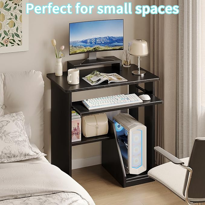 30" Small Computer Desk with Keyboard Tray Monitor Stand, Study Writing Desk with Storage Shelves, Modern Workstation for Small Spaces, Save Space, Black