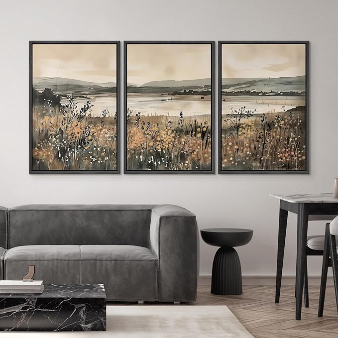 SIGNWIN Framed Canvas Print Wall Art Set Lakeside Meadow Rustic Countryside Watercolor Illustrations Modern Art Decorative for Living Room, Bedroom, Office - 16"x24"x3 Black