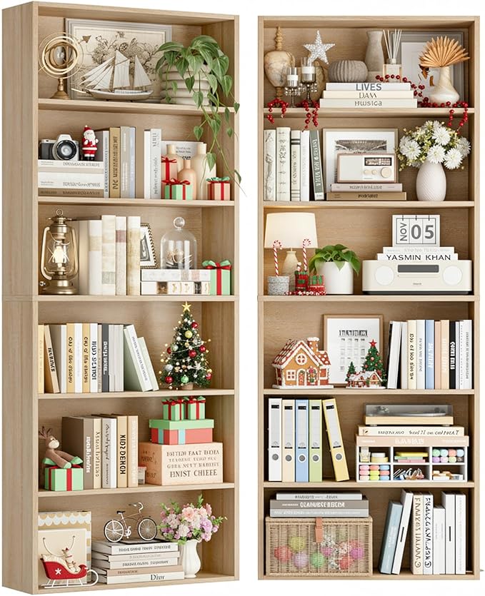 FOTOSOK 6-Tier Open Bookcase and Bookshelf Set of 2, Freestanding Display Storage Shelves Tall Bookcase for Bedroom, Living Room and Office, Light Oak