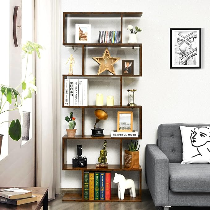 Tangkula 6 Tier S Shaped Bookshelf, 31.5''L x 9''W x 75''H, Wooden Bookcase and Bookshelves w/Anti-Toppling Device, Room Divider Display Shelves for Living Room, Home Decor, 6 Shelf Bookshelf