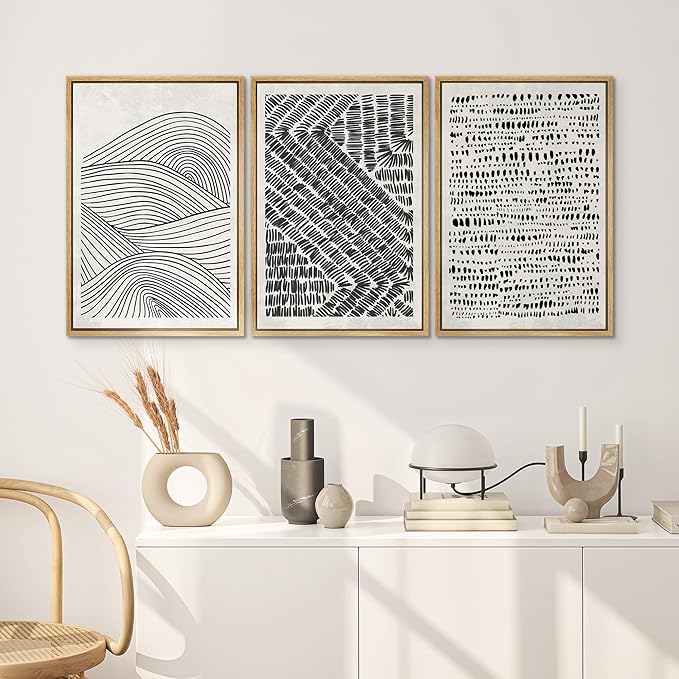 SIGNWIN Framed Canvas Print Wall Art Set Black Pastel Geometric Landscape Abstract Shapes Cozy Neutral Modern Art Boho Relax/Zen Nordic for Living Room, Bedroom, Office - 24"x36"x3 Natural