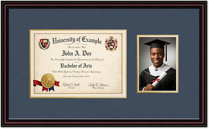 CountryArtHouse Fits 11.69 x 8.27 A4 Certificate and 5 x 7 Photo Diploma and Photo Frame Executive Brown Genuine Hardwood with Navy Blue Over Metallic Gold Double mat