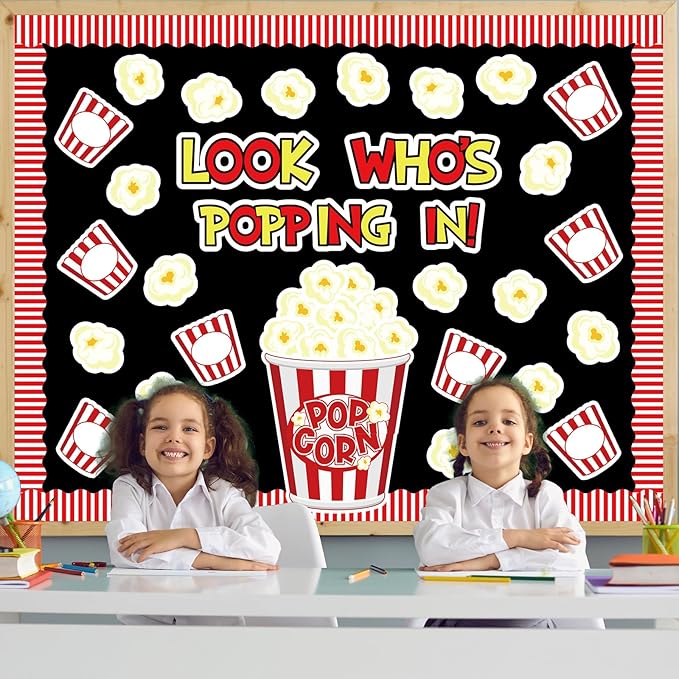 JarThenaAMCS 77 Pcs Popcorn Bulletin Board Decoration Funny Popcorn Bucket Paper Cutouts with 150 Pcs Glue Points for Back to School Movie Night Party Classroom