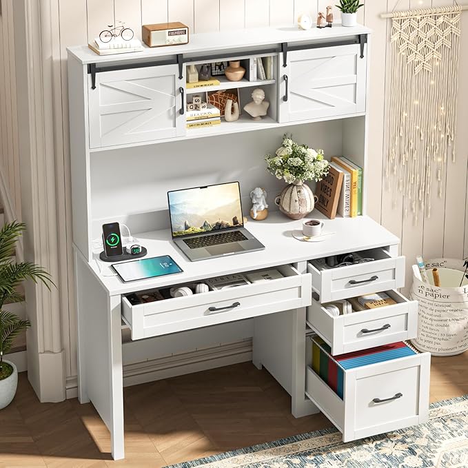 Farmhouse 67" H Executive Desk with Hutch,Computer Desk with Charging Station,Office Table with LED light and 4 Drawers,File Drawers and Storage Cabinet,Workstation for Home Office.Cream White