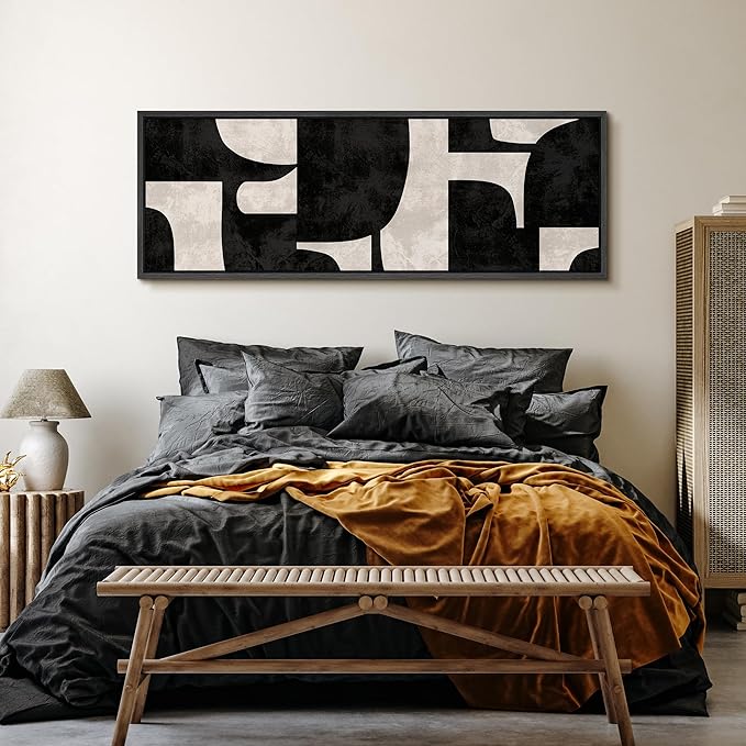 SIGNFORD Large Framed Canvas Black and Beige Geometric Abstract Mid-Century Illustrations Modern Art Calm Warm for Living Room, Bedroom, Office - 60"x20"
