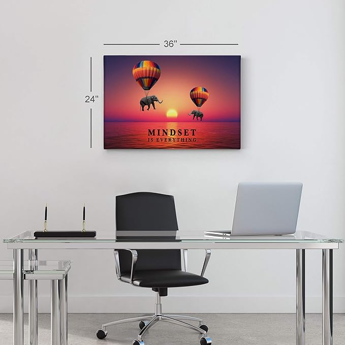 Smile Art Design Mindset is Everything Elephant with Balloon in Sunset Motivational Wall Art Canvas Print Inspirational Wall Art Entrepreneur Quote Office Living Room Decor Gift Ready to Hang 24x36