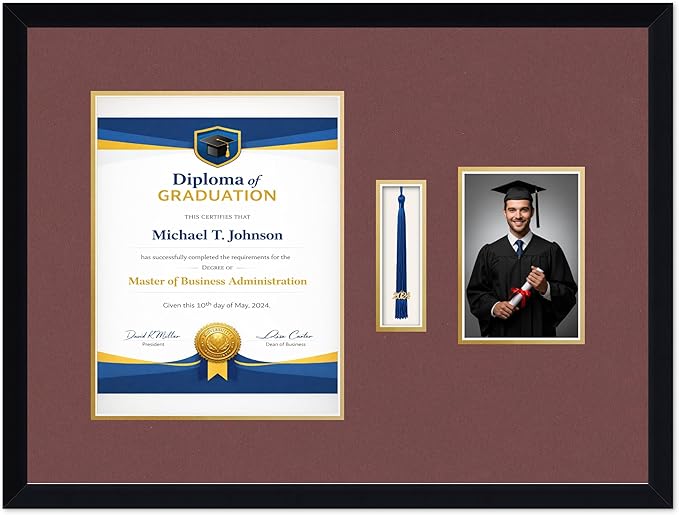 Diploma Tassel and Photo Frame Matte Black Shadowbox Dark Red Over Gold Mat - Fits 10 x 13 Degree Picture Made in the USA