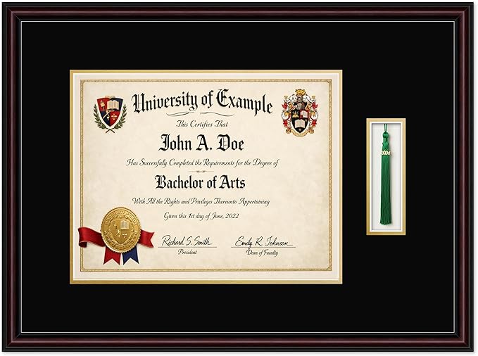 CountryArtHouse Diploma and Tassel Frame Fits 14 x 11 College Diploma (Modern) with Tassel H Executive Brown Genuine Hardwood Shadowbox with Black Over Metallic Gold Double mat