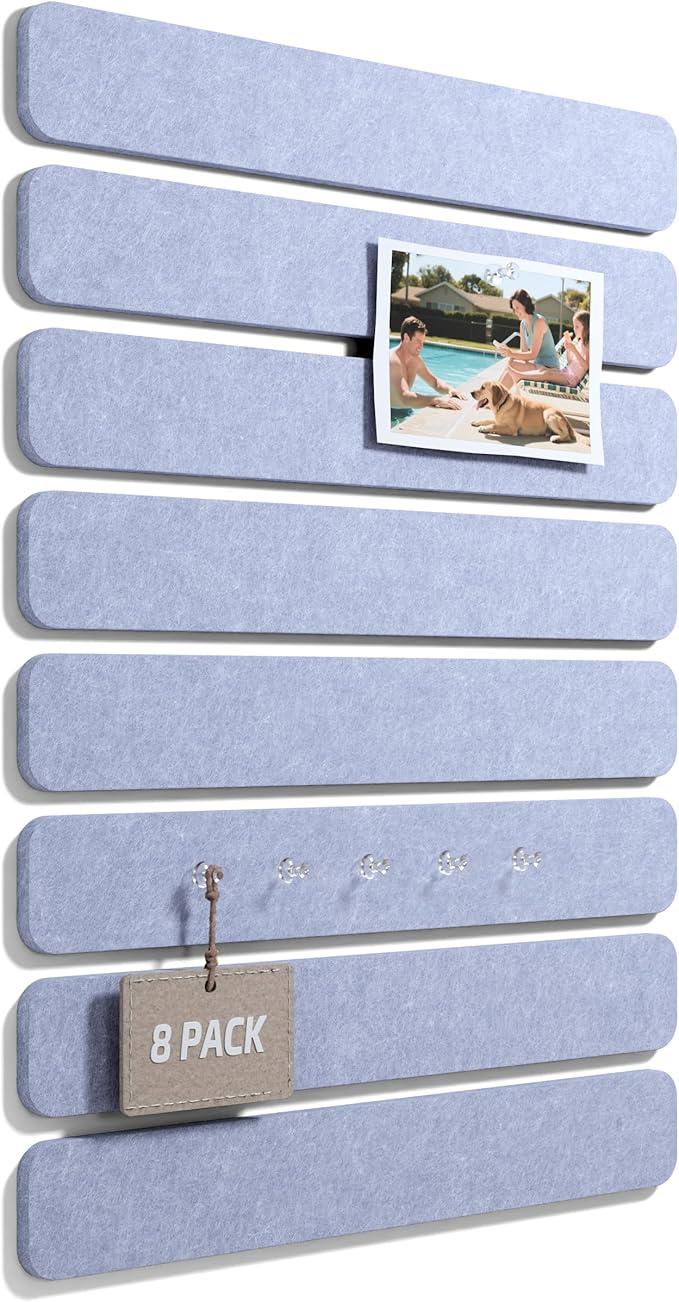 Fluxynara Cork Board Alternative Felt Strip Board 8-Pack 13"x2", Office Pin Board with 50 Push Pins, Adhesive Install for Bedroom Door & Home Office(Soft Periwinkle)