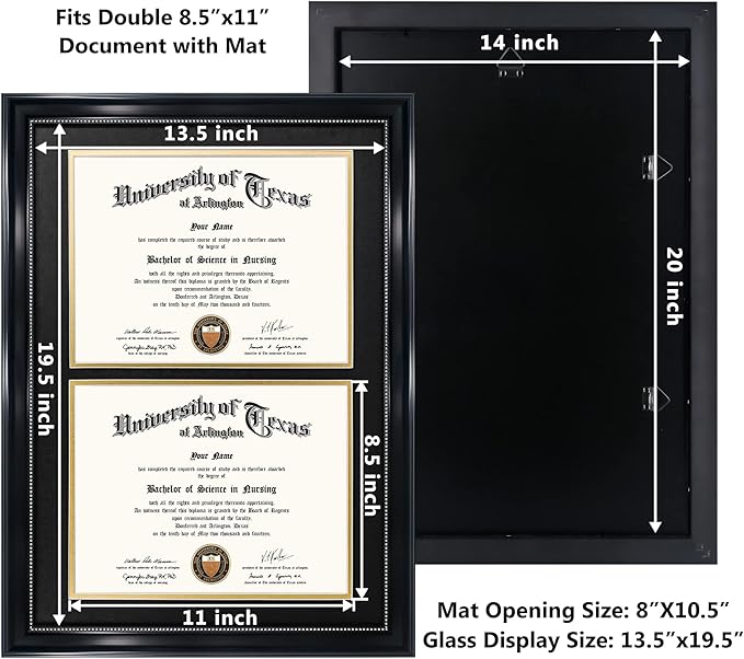 GraduationMall 14x20 Double Diploma Frame, Display 8.5x11 Certificate with Black over Gold Mat,Tempered Glass,Black with Silver Beads