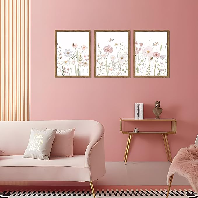 Framed Wildflower Wall Art Set of 3, Pink Floral Canvas Wall Decor Pictures, Vintage Flower Botanical Paintings, Nursery Flowers Butterfly Posters Prints for Bedroom Living Room 16x24 Inch