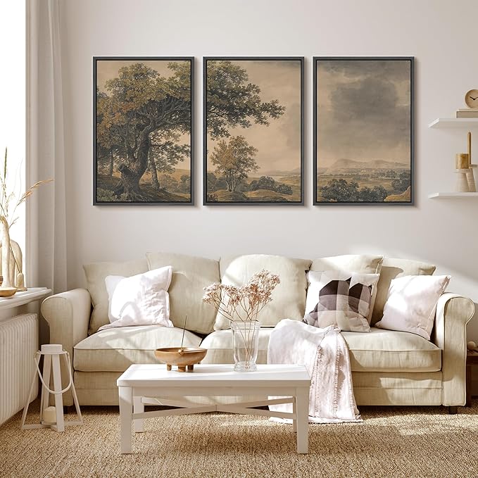 MUDECOR Framed Wall Art Print Set Vintage Landscape Rustic Tree and Mountain View Illustrations Decorative Colorful for Living Room, Bedroom, Office - 16"x24"x3 Black