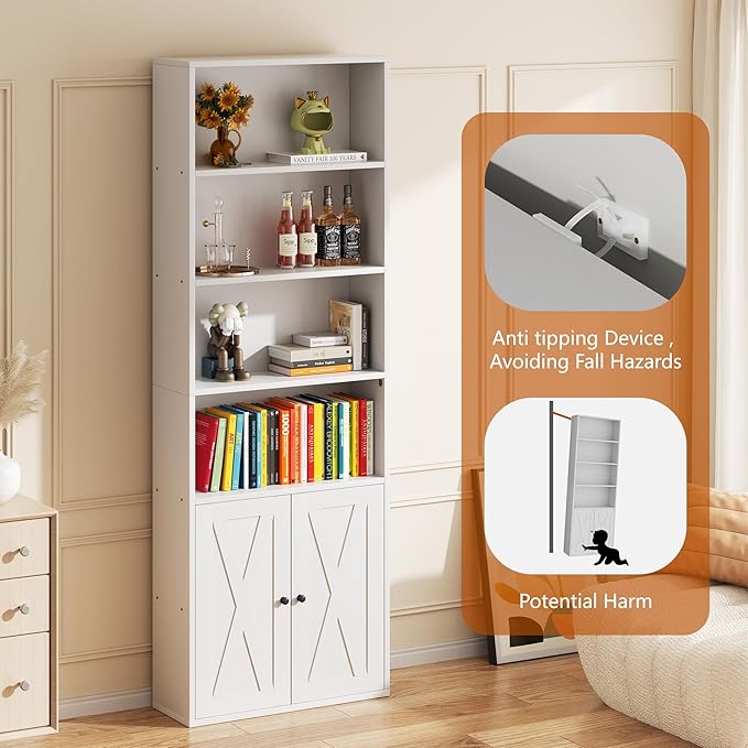 Vongrasig 6-Tier Open Bookcase and Bookshelf with Doors, Floor Standing Farmhouse Display Storage Shelves 71 Inch Wood Tall Bookcase for Home Office, Living Room, Bed Room, White, 2 Pieces