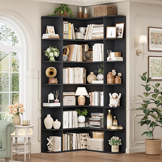 FOTOSOK 74” Tall Corner Bookshelf, 6-Tier Bookshelf and Bookcase with Open Storage, L Shaped Tall Bookcases Wooden Storage Shelves for Home Office, Thickened Boards for Better Load Bearing, Black