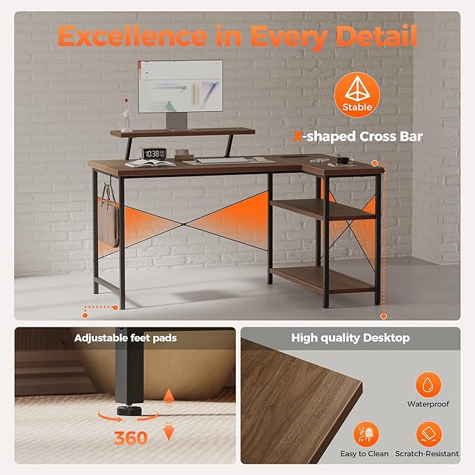 Mericonia Small L Shaped Computer Desk with Power Outlets, Reversible Gaming Desk with Storage Shelves & Monitor Stand, Corner Gamer Desk Table, Study Writing Table