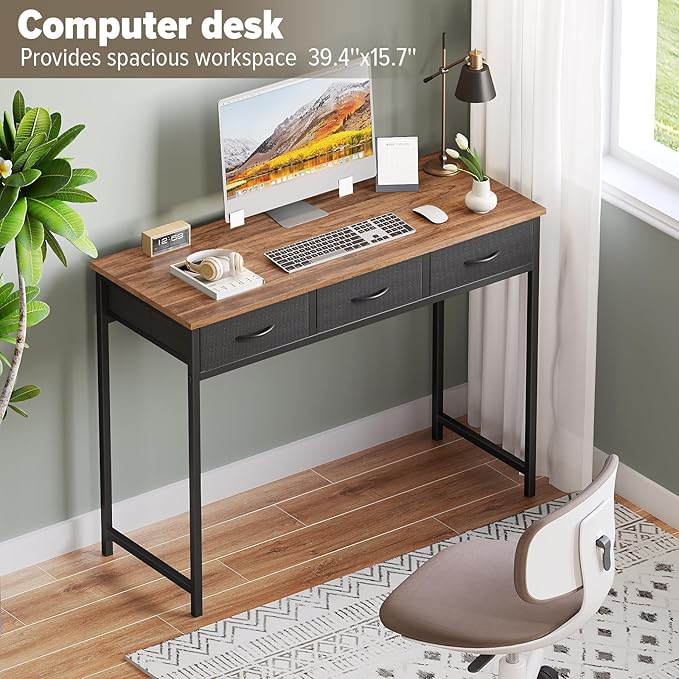 WOHOMO Computer Desk with Drawers, 39.3 Inch Small Vanity Desk with Storage, Home Office Bedroom Desk for Small Spaces, Modern Work Writing Study Gaming Tables, Rustic Brown