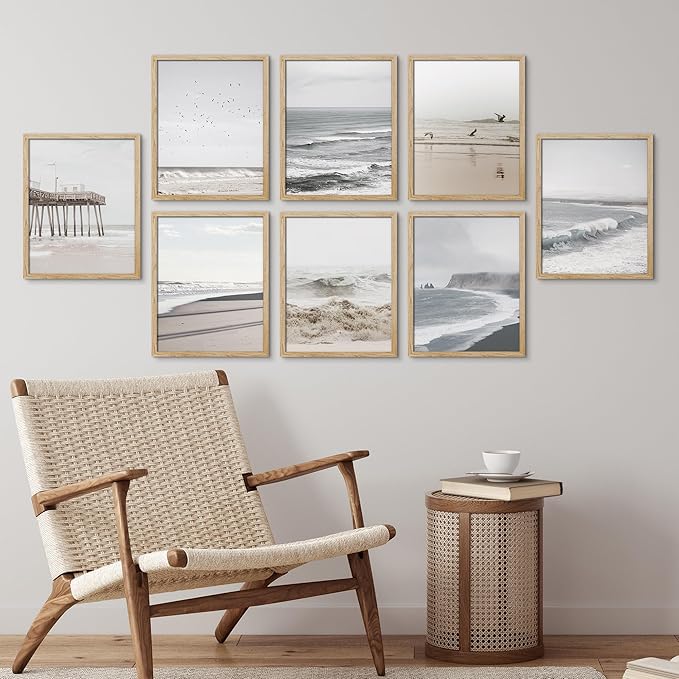 SIGNWIN Framed Poster Wall Art Set of Ocean Beach Seashore Coastals, White Minimalist California Ocean Beach Seashore Pier Nature Wilderness for Living Room, Bedroom, Office - 12"x16"x 8 Natural