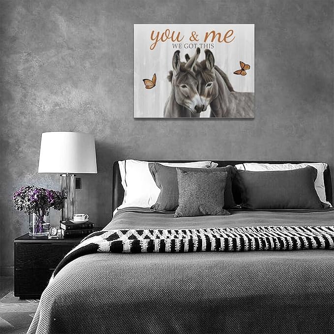 yerretin Farmhouse Donkey Wall Art Country Love Pictures Wall Decor Rustic Animal Canvas Painting Home Decoration Artwork for Bathroom Bedroom Living Room Office Framed 16"x12"
