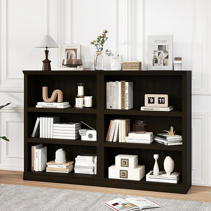 blini Wooden Bookshelf and Bookcase Set of 2, Cherry Wood Double Wide Large Bookshelves 3 Tier Bookshelf with Storage Cabinets for Living Room, Home Office, Library (Cherry Wood, 3-Shelf)