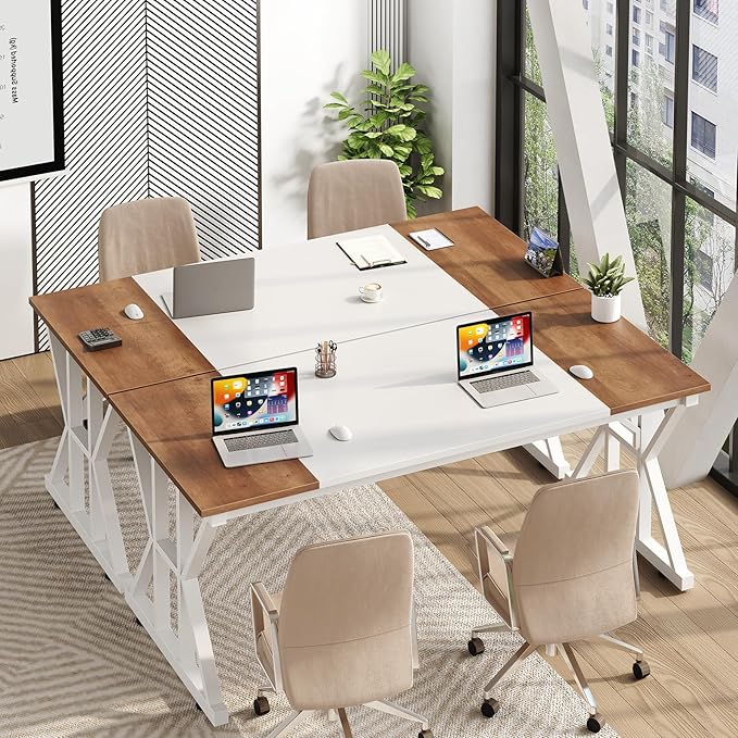 TVU Computer Desk, 55 inch Large Office Desk, Study Writing Table with Thicken Frame, Gaming Desk, Modern Simple Desk for Home Office, Brown/White