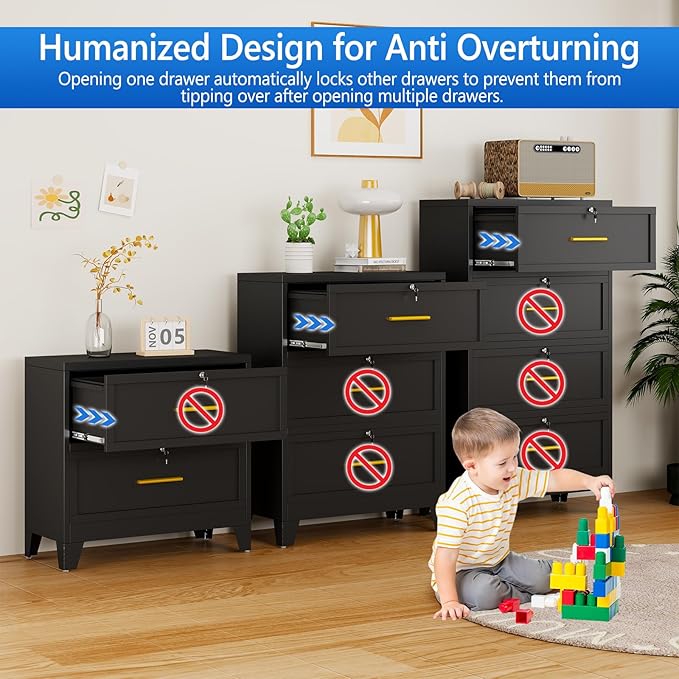 Metal Lateral File Cabinet with Lock,3 Drawer Steel Wide Filing Organization Storage Cabinets,Office Filing Cabinet for Legal/Letter/A4/F4 Size with Hanging Files&Key,Lockable Cabinets for Home Office