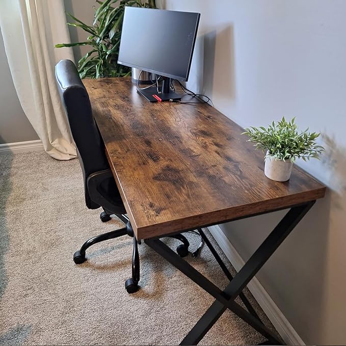 IBF 55 inch Computer Desk, Farmhouse Home Office Desk, Industrial Wood Metal Legs Work Desk for Writing Study, Vintage Minimalist Laptop Executive Workstation PC Gaming Table in Bedroom, Rustic Brown