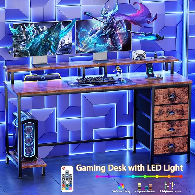 Furologee Computer Desk with Power Outlets & LED Lights, 55 Inch Reversible Gaming Desk with Full Monitor Stand, Home Office Table with 4 Fabric Drawers, Study Table for Bedroom, Rustic Brown