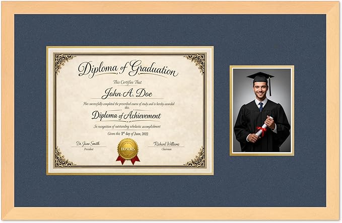 Diploma Frame With Photo Opening Natural Wood Navy Blue Over Gold Mat - Fits 13 x 10 Degree and Picture Made in the USA