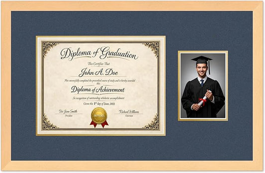 Diploma Frame With Photo Opening Natural Wood Navy Blue Over Gold Mat - Fits 13 x 10 Degree and Picture Made in the USA
