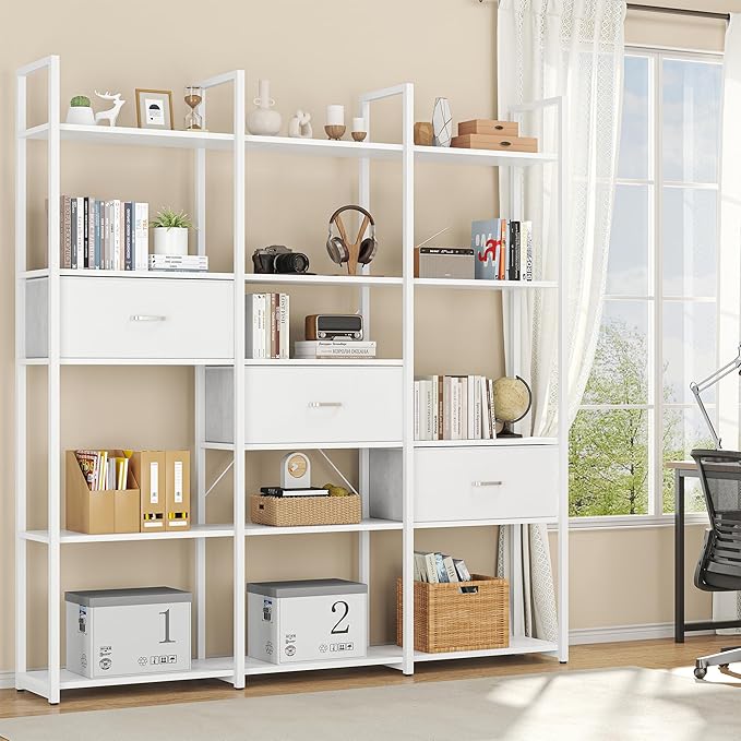 Semoic Triple Wide 6 Tiers Industrial Book shelf with 3 Drawers and Storage Shelves, 73.6" Tall Bookcase with 16 Open Display Shelves, Large Etagere Bookshelf with Metal Frame for Home & Office, White
