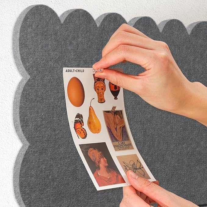 Scalloped Bulletin Board, 24 x 18 Inches Felt Pin Board - Decorative Cork Alternative for Wall, Foldable Picture Self-Adhesive Vision Prayer Board with 20 Pushpins - Gray