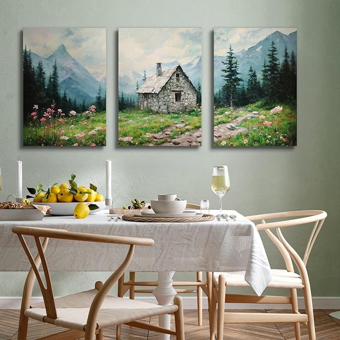 SERIMINO Nature Landscape Canvas Wall Art for Living Room, Forest Mountain Canvas Prints Paintings Room Decor, Cottage Meadow Wildflower Modern Farmhouse Wall Decor Set of 3, 20"X28"