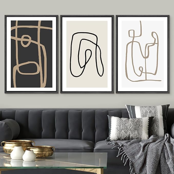 SIGNWIN Framed Canvas Print Wall Art Set Pastel Geometric Line Polygons Abstract Shapes Illustrations Modern Art Decorative Boho Relax/Zen Nordic for Living Room, Bedroom, Office - 24"x36"x3 Black
