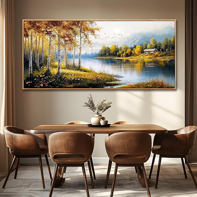 ERQINHUA Large Canvas Forest Landscape Painting Wood Framed Wall Art Living Room Wall Decor For Bedroom Lakeside Watercolour Wall Pictures Artwork Picture Office Restaurant Home Decoration 32x72 In