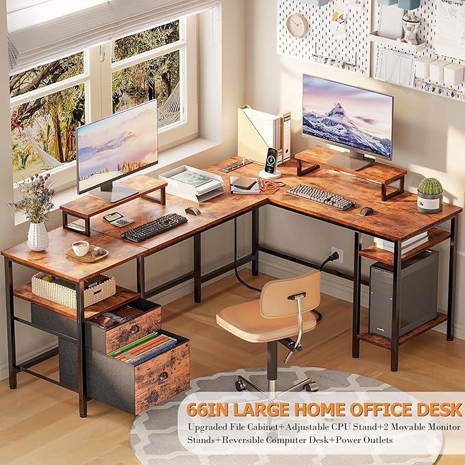 Furologee 66” L Shaped Desk with Power Outlet, Reversible Computer Gaming Desk with File Drawer & 2 Monitor Stands for Home Office with Storage Shelves, Rustic Brown