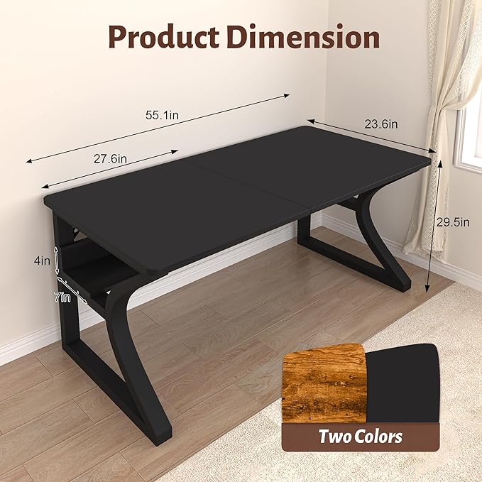 Computer Desk 55 x 23.6 Inch Home Office Desk, Large Modern Computer Desks with Storage Shelf, Metal Frame Work Study Writing Office Desk with Cable Hole, Wide Desk for PC & Monitors (Black, 55)