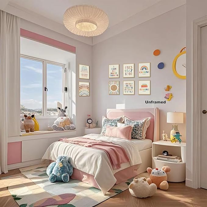 SEHSUVC Baby Alphabet 1 2 3 Wall Art Set of 9, Number Rainbow Canvas Posters Prints, Kids ABC Positive Affirmation Wall Decor Paintings for Kids Room Nursery Bedroom Home Decor 8x10In Unframed